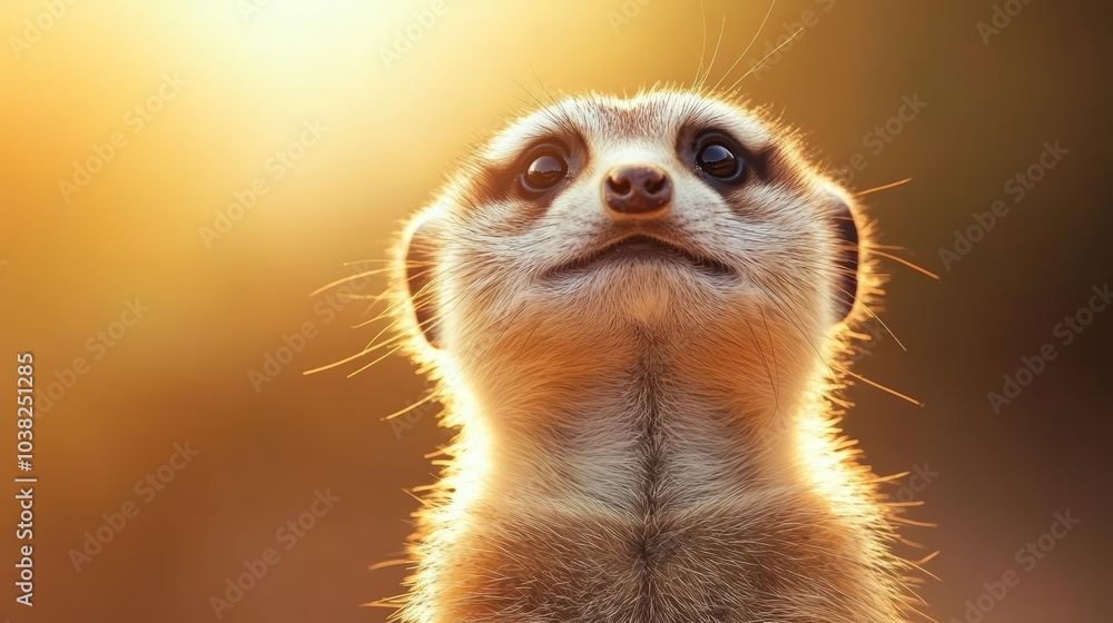 Fototapeta premium Meerkat gazing upwards, bathed in soft golden light, nature portrait.