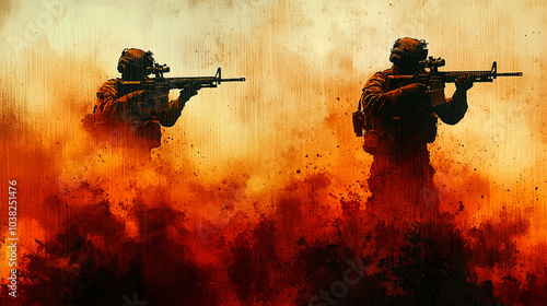 Two soldiers in a fiery battlefield, holding rifles and aiming at each other.