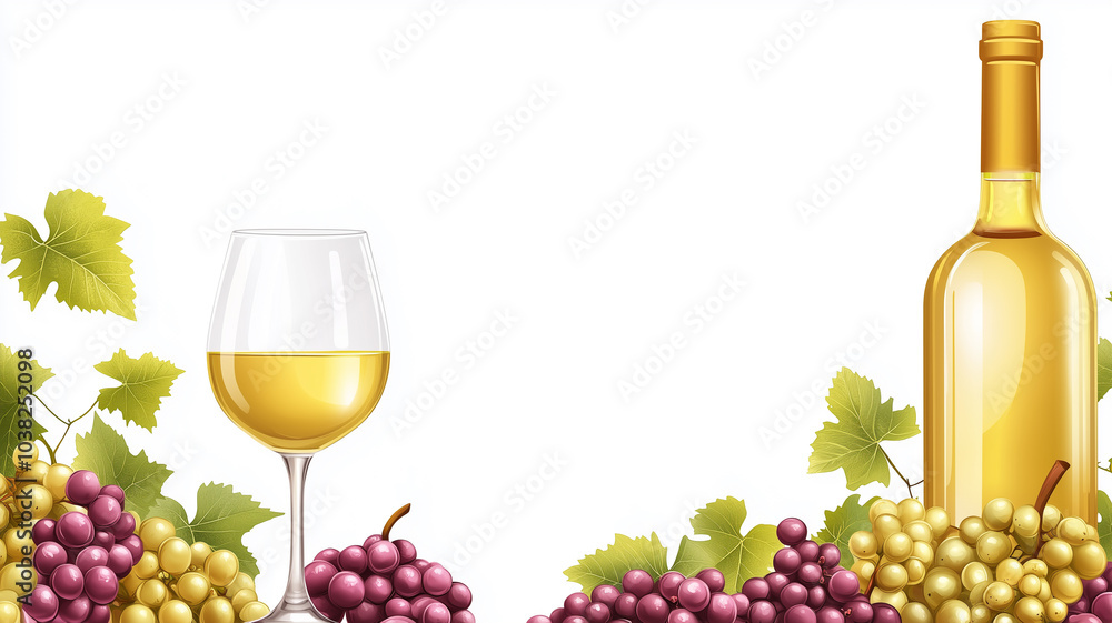 illustration, bottle of white wine with wine glass and grapes, isolated on white background, design element for restaurant menu. Design element for wine bar, restaurant, menu. Alcoholic beverage. illustration, bottle of white wine with wine glass and grapes, isolated on white background, design element for restaurant menu. Design element for wine bar, restaurant, menu. Alcoholic beverage.