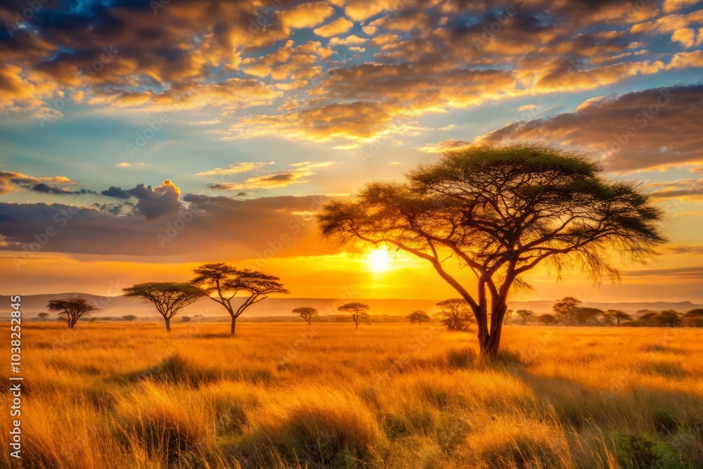 Fototapeta premium Sunrise in the African Savanna - Scenic Landscape of South Africa with Majestic Wildlife and Vibrant Skies - Perfect for Nature Lovers and Travel Enthusiasts