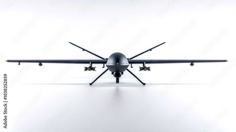 A black drone with four propellers and weapons attached to its sides is facing the camera. A black drone with four propellers and weapons attached to its sides is facing the camera.