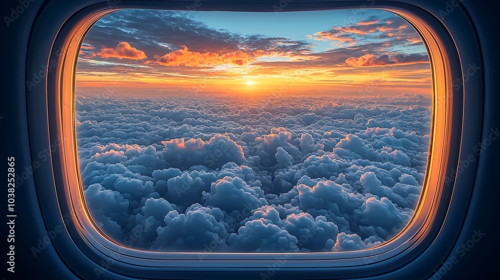 Obraz premium Airplane window view showing clouds and sunset