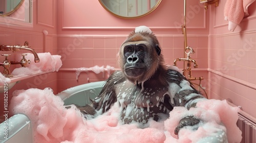 Fototapeta Naklejka Na Ścianę i Meble -  A gorilla relaxes in a pink bathtub filled with bubbles, surrounded by elegant decor and warm lighting, showcasing a playful yet serene moment