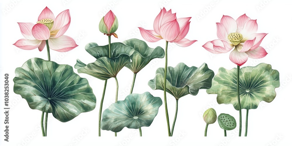 Set of Pink Lotus Flowers and Green Leaves, Watercolor Illustration Isolated on White Background Set of Pink Lotus Flowers and Green Leaves, Watercolor Illustration Isolated on White Background
