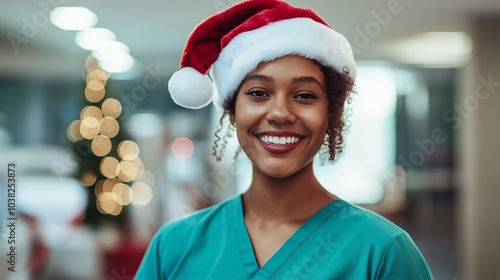 Smiling Healthcare Professional in Scrubs Wearing Festive Santa Hat with Christmas Decorations in the Background