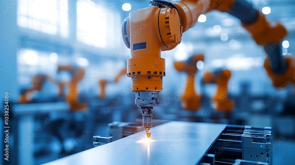 a robotic arm welding metal sheets in an ultra-modern factory environment. a robotic arm welding metal sheets in an ultra-modern factory environment.