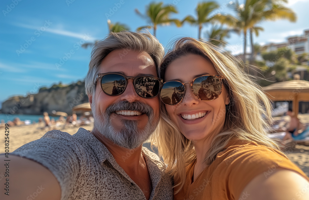 happy middle aged couple taking a selfie at the beach in Spain, wearing sunglasses and smiling, with palm trees behind them, sunny day happy middle aged couple taking a selfie at the beach in Spain, wearing sunglasses and smiling, with palm trees behind them, sunny day