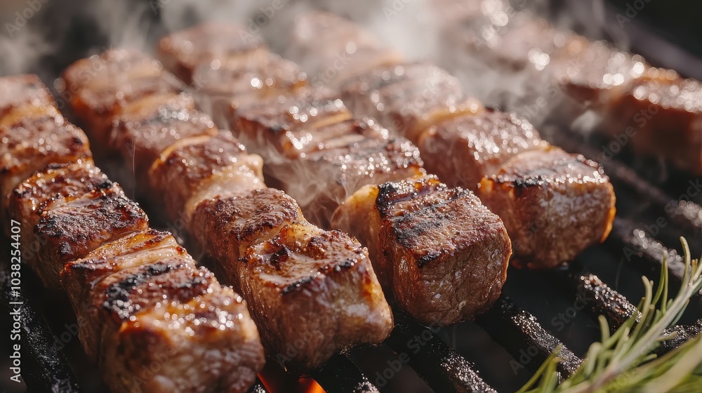 Close-up of succulent lamb skewers grilling with visible smoke and a crispy, caramelized outer layer, emphasizing the rich texture and flavors of perfectly grilled meat. Close-up of succulent lamb skewers grilling with visible smoke and a crispy, caramelized outer layer, emphasizing the rich texture and flavors of perfectly grilled meat.