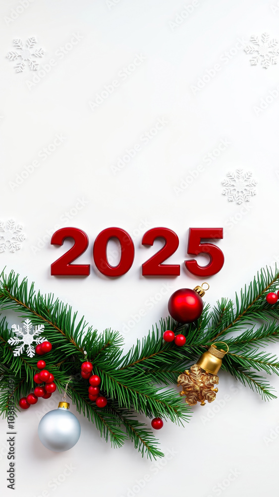 Obraz premium red 2025 numbers decorated with evergreen branches ornaments