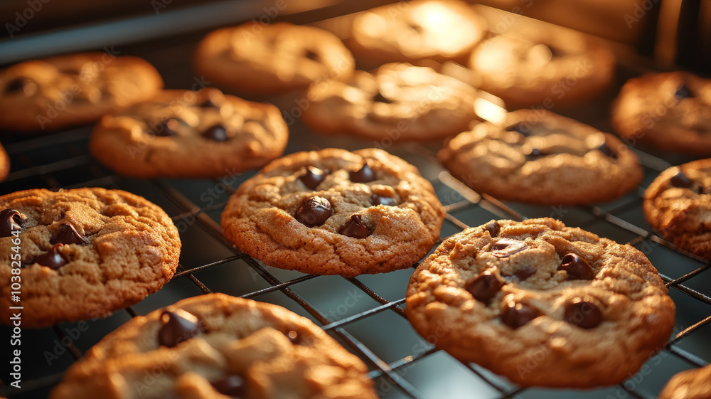 Freshly baked chocolate chip cookies on an oven rack. Freshly baked chocolate chip cookies on an oven rack.