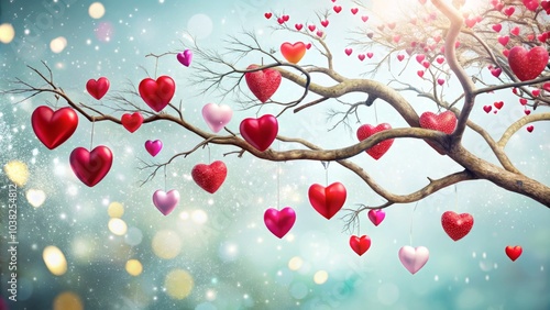 Surreal Valentine's Day Banner with Decorative Tree Branch and Hearts on White Background for Romantic Cards, Posters, and Celebrations