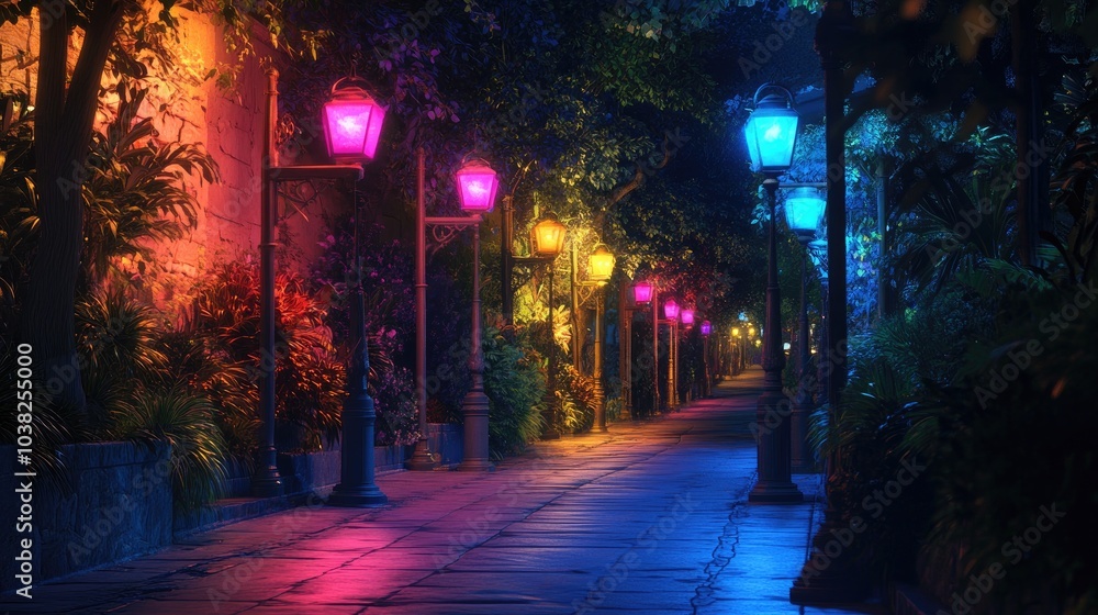 Fototapeta premium Colorful streetlights casting soft, radiant glows along a nighttime path, creating an enchanting and eye-catching view