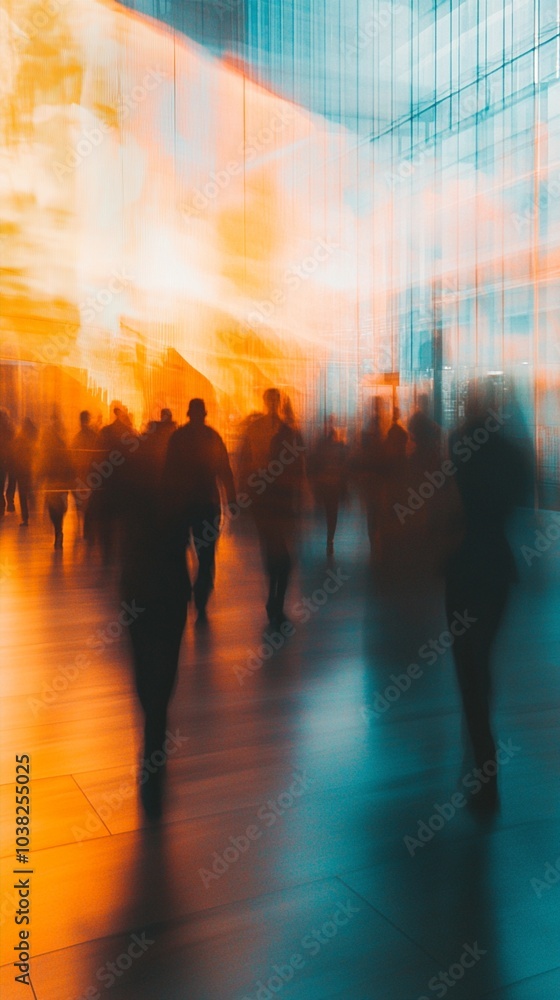 Blurred silhouettes of urban commuters in motion against a vibrant backdrop of orange and teal, creating a dreamlike atmosphere of city life in transition. Blurred silhouettes of urban commuters in motion against a vibrant backdrop of orange and teal, creating a dreamlike atmosphere of city life in transition.