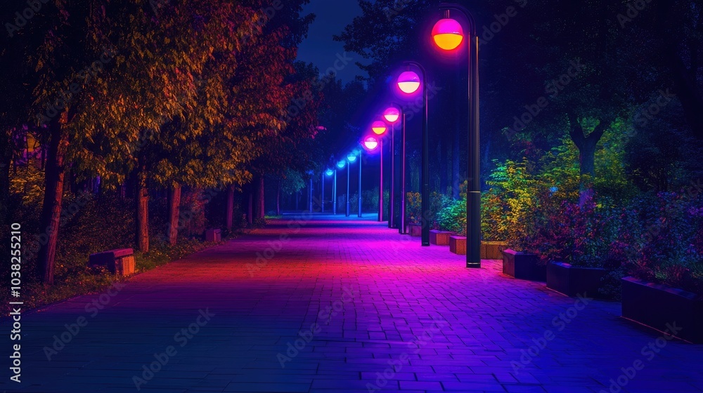 Fototapeta premium Colorful streetlights casting vibrant hues along a city path at night, creating a visually stunning and dynamic atmosphere