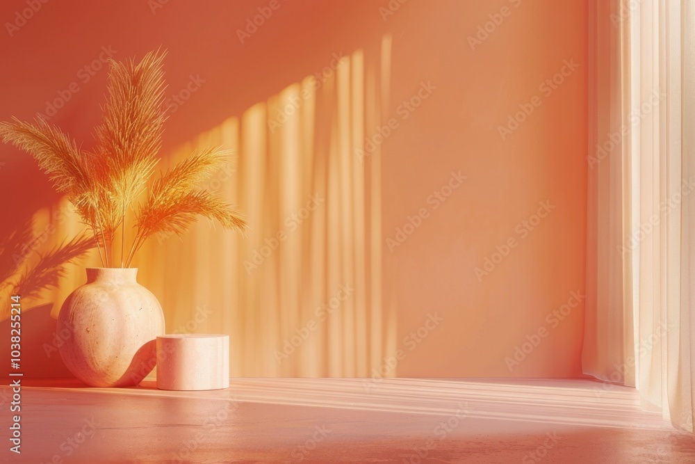 Tranquil sunlit interior with elegant palm in beige vase, perfect for minimalist design Tranquil sunlit interior with elegant palm in beige vase, perfect for minimalist design