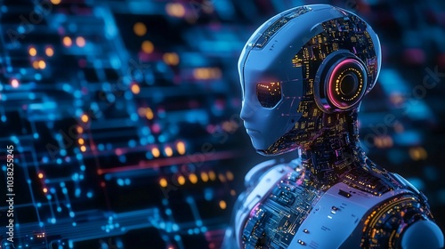 Futuristic AI robot with glowing circuitry against a backdrop of digital networks, symbolizing advanced technology and artificial intelligence integration. photo