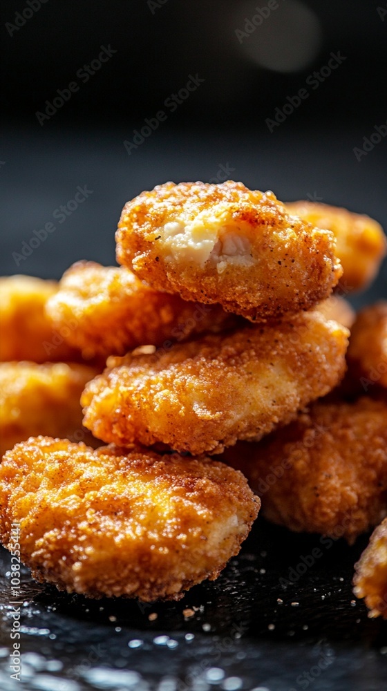 Golden, crispy chicken nuggets stacked on a dark surface, glistening with oil and seasoning. Close-up view highlights the crunchy texture and savory appeal of this popular fast food. Golden, crispy chicken nuggets stacked on a dark surface, glistening with oil and seasoning. Close-up view highlights the crunchy texture and savory appeal of this popular fast food.