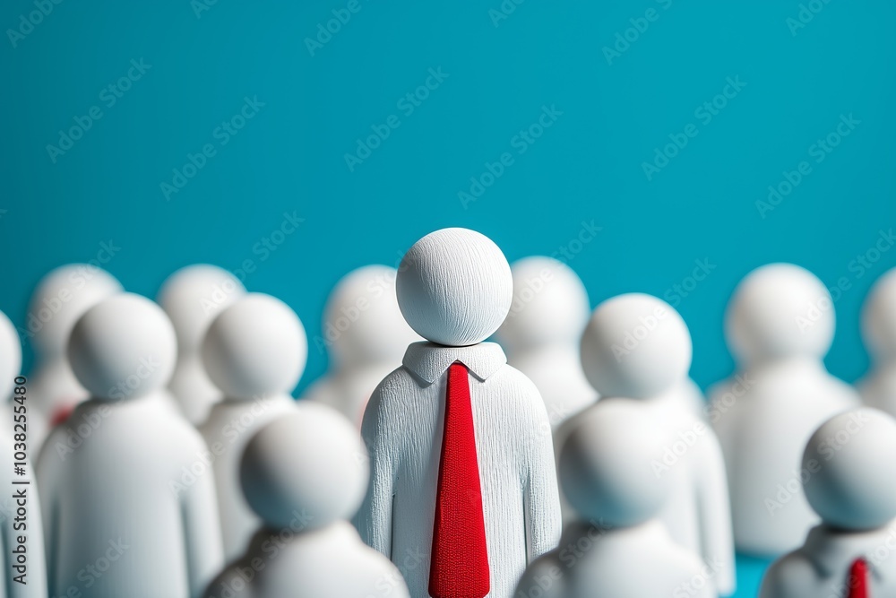 Staff recruitment. Headhunting. Many employees and the choice of a leader from the crowd. HR. A lot of white businessman and one in a red tie on a blue background Staff recruitment. Headhunting. Many employees and the choice of a leader from the crowd. HR. A lot of white businessman and one in a red tie on a blue background