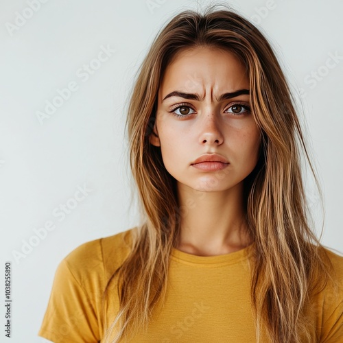 Unhappy woman, white backdrop