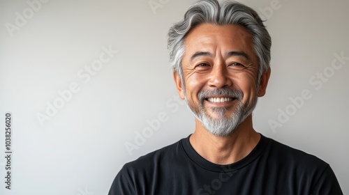 Portrait of old healthy, cheerful handsome middle aged Asian man smiling and looking at camera with white background. Happy aging society, retirement, teeth, health and senior healthcare concept