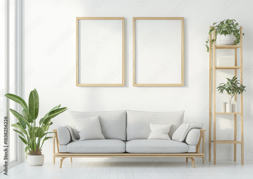 modern living room featuring light gray sofa with cushions, surrounded by greenery and natural light. minimalist decor includes empty frames and stylish plant stand, creating serene atmosphere modern living room featuring light gray sofa with cushions, surrounded by greenery and natural light. minimalist decor includes empty frames and stylish plant stand, creating serene atmosphere