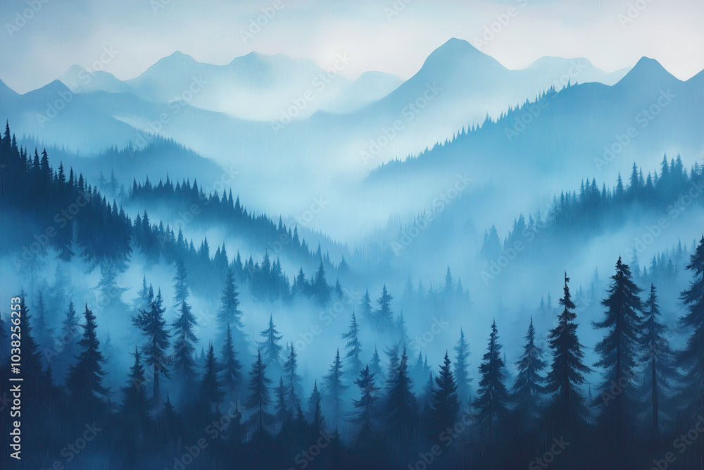 Obraz premium landscape of austria in blue morning mist over foggy forest and mountain background, romantic, photorealistic