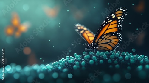 Monarch butterfly resting on vibrant flowers, serene and colorful background.