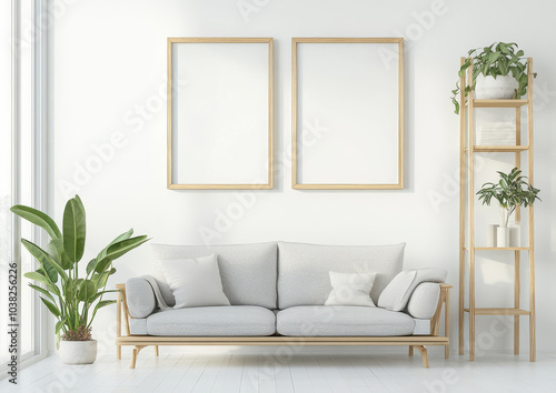 modern living room featuring light gray sofa with cushions, surrounded by greenery and natural light. minimalist decor includes empty frames and stylish plant stand, creating serene atmosphere