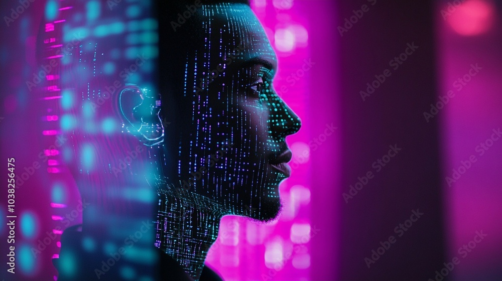 Futuristic profile of a digital human face overlaid with glowing code, symbolizing artificial intelligence and technological advancement in vibrant neon colors. Futuristic profile of a digital human face overlaid with glowing code, symbolizing artificial intelligence and technological advancement in vibrant neon colors.