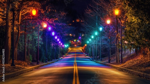 A beautiful nighttime road lined with colorful streetlights, casting a vibrant, glowing path of lights, perfect for a dreamy nightscape