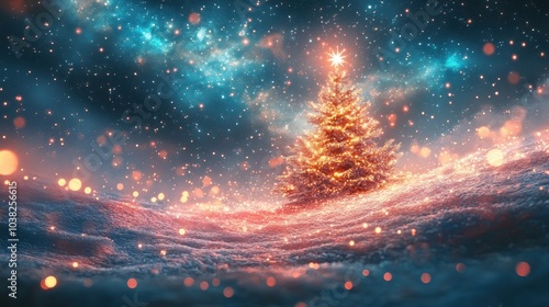 gorgeus winter christmas tree illuminated by northern lights, digital illustration, created with generative ai photo