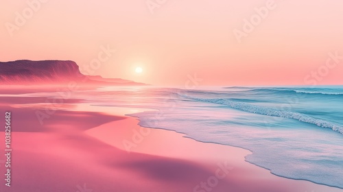 Summer pastel landscape on the seashore, sand and sea are rest for soul and body. Escape to the hidden shore. Illustration, Generative AI.