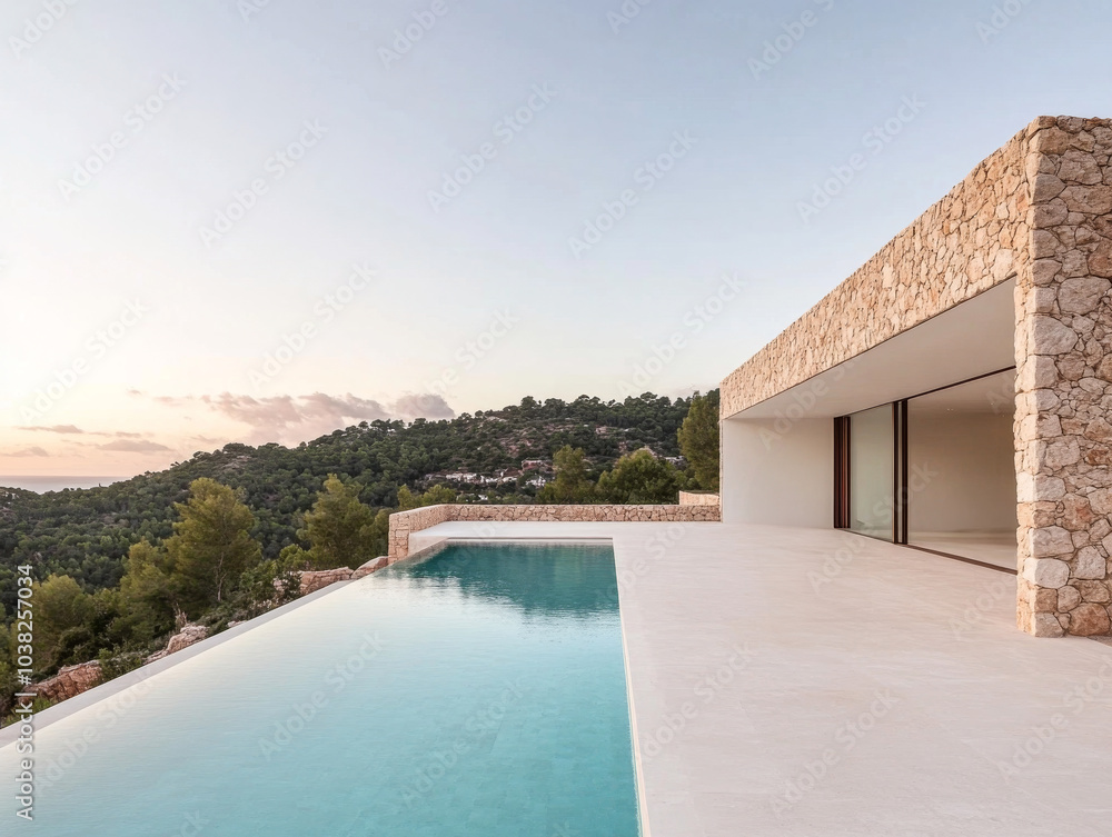 Fototapeta premium Stunning modern villa with infinity pool overlooking serene landscape at sunset