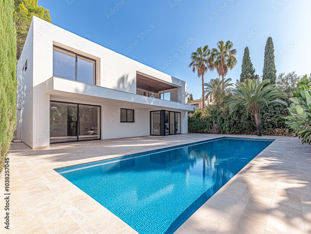 Fototapeta premium Modern white villa with swimming pool surrounded by palm trees on a sunny day in a tranquil setting