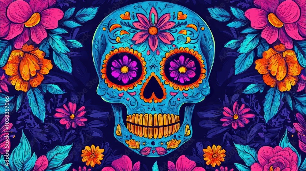 A vibrant sugar skull design surrounded by colorful flowers, embodying the Day of the Dead celebration with intricate details and lively colors. A vibrant sugar skull design surrounded by colorful flowers, embodying the Day of the Dead celebration with intricate details and lively colors.