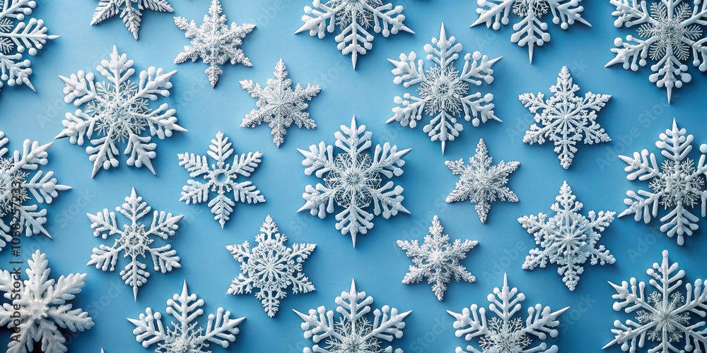 Unique Symmetrical Patterns of White Snowflakes on a Blue Background, Perfect for Wallpaper Design, Capturing Winter's Beauty and Delicate Details Unique Symmetrical Patterns of White Snowflakes on a Blue Background, Perfect for Wallpaper Design, Capturing Winter's Beauty and Delicate Details