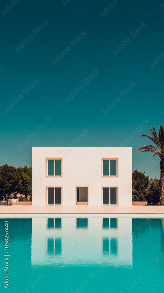 Modern white house reflecting in clear blue pool under bright sunny sky with palm trees nearby Modern white house reflecting in clear blue pool under bright sunny sky with palm trees nearby