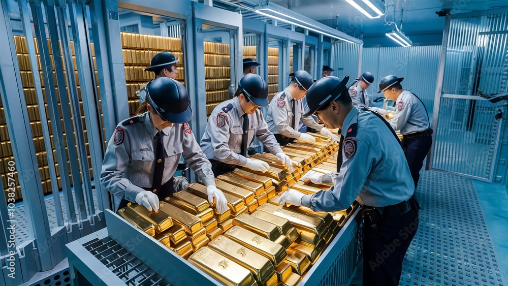 Gold bars inspected in a secure vault with surveillance equipment Gold bars inspected in a secure vault with surveillance equipment