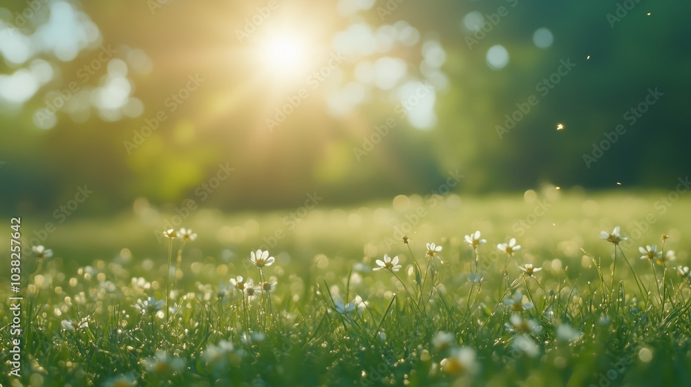 Fototapeta premium Summer green grass meadow with sunshine views on blurred wild field outdoor background with copy space