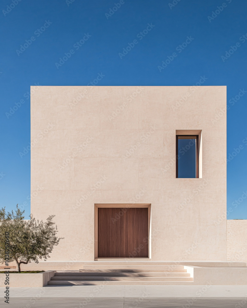 Modern minimalistic house with wooden door under clear blue sky and olive tree in front Modern minimalistic house with wooden door under clear blue sky and olive tree in front