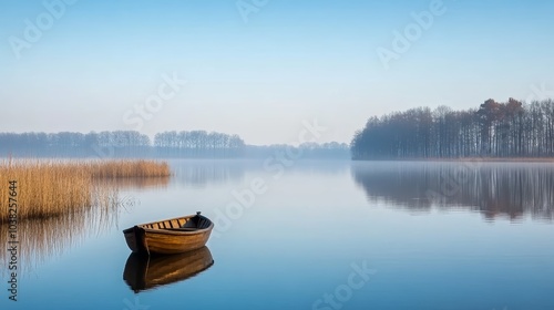 Serene foggy lake with a solitary boat, captivating image of nature's tranquility photo