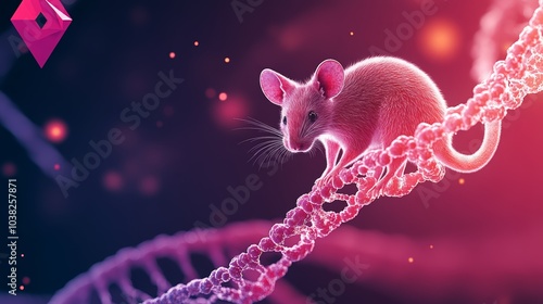 Mouse on DNA strand, with a vibrant digital background, showcasing genetic research. photo