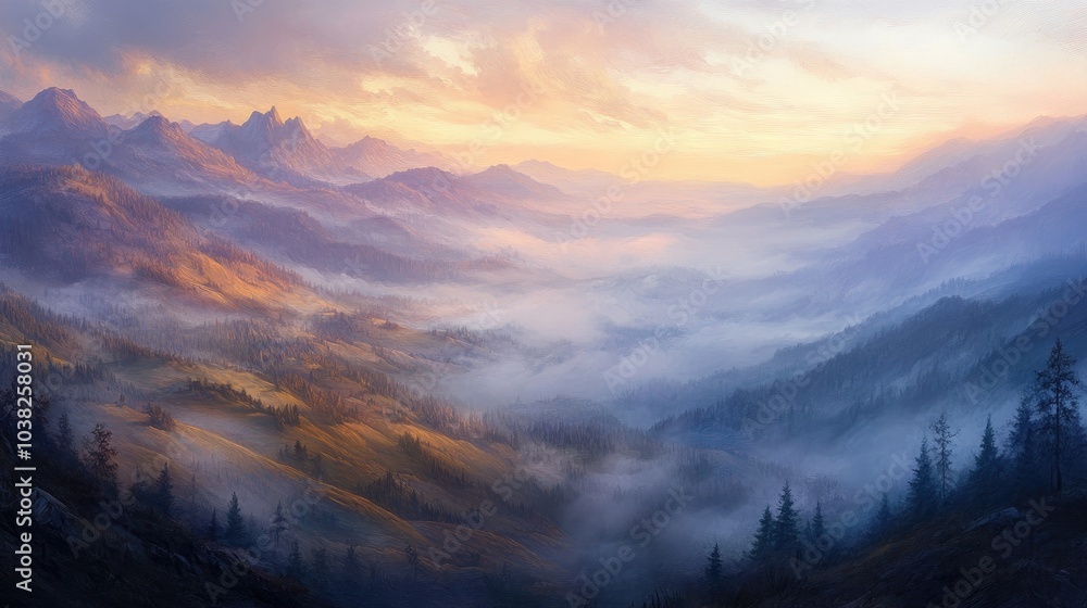 Fototapeta premium A misty mountain range at dawn, with soft light illuminating the rolling hills and fog, creating a tranquil and untouched scene