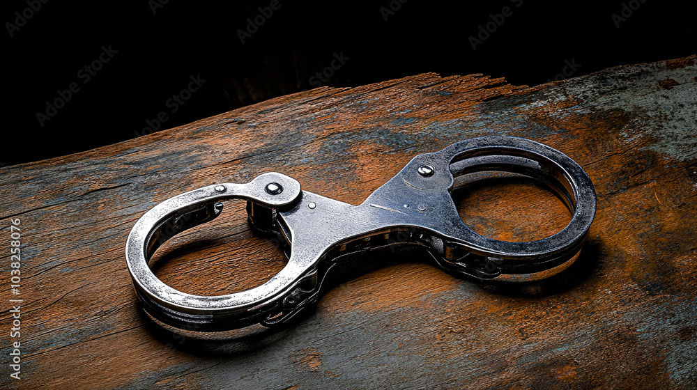 A pair of metal handcuffs laying on a rustic wooden surface with a dark background.