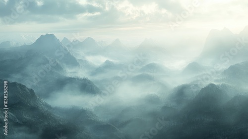 A misty mountain range with soft morning light glowing through the fog, creating a peaceful and untouched natural landscape