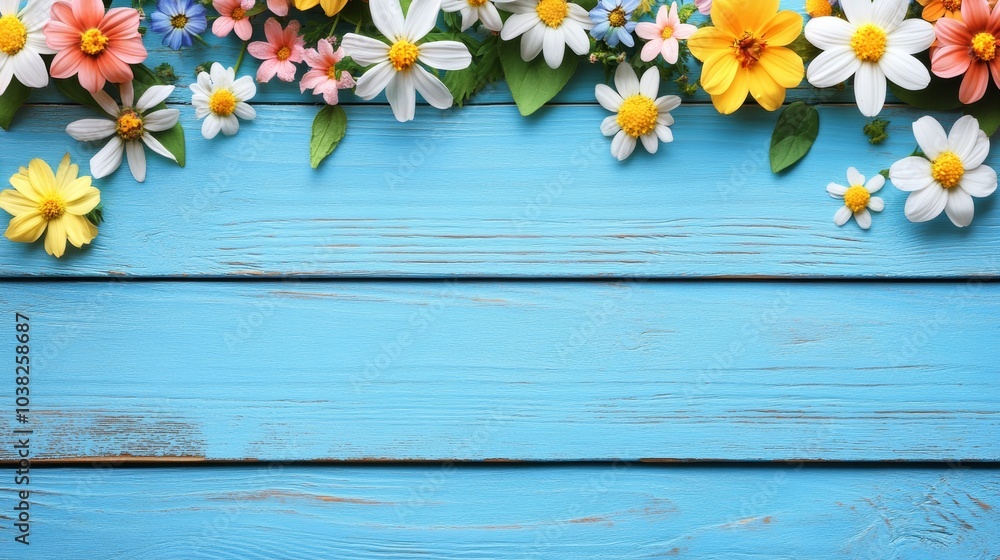 Obraz premium Blue wood floral background, rustic texture with delicate flowers for design inspiration