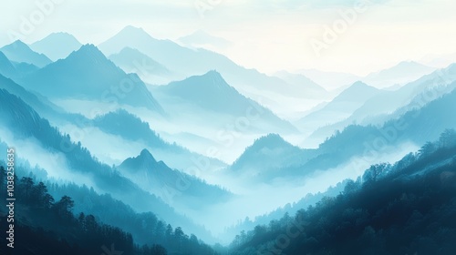 A misty mountain valley bathed in soft morning light, with layers of fog drifting between the peaks, creating a serene and calming view