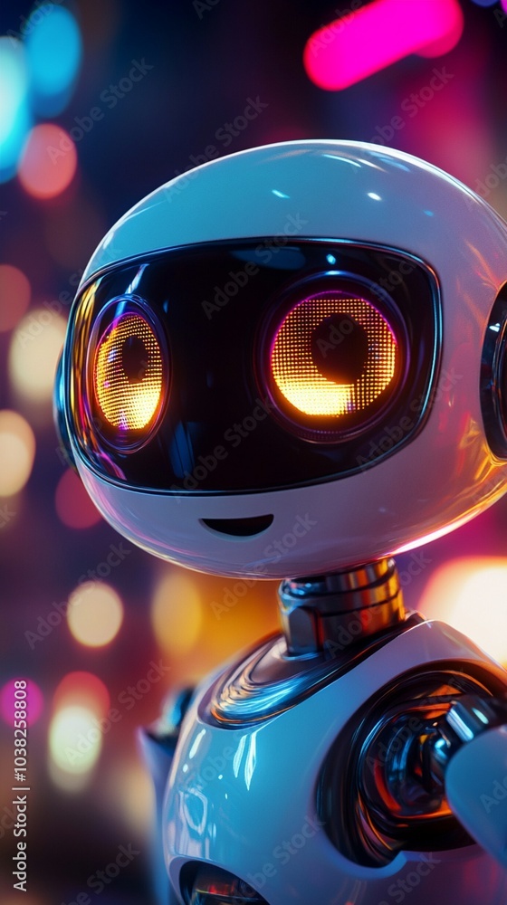 Futuristic robot with glowing orange eyes gazes curiously against a vibrant, colorful bokeh background, evoking a sense of wonder and technological advancement. Futuristic robot with glowing orange eyes gazes curiously against a vibrant, colorful bokeh background, evoking a sense of wonder and technological advancement.