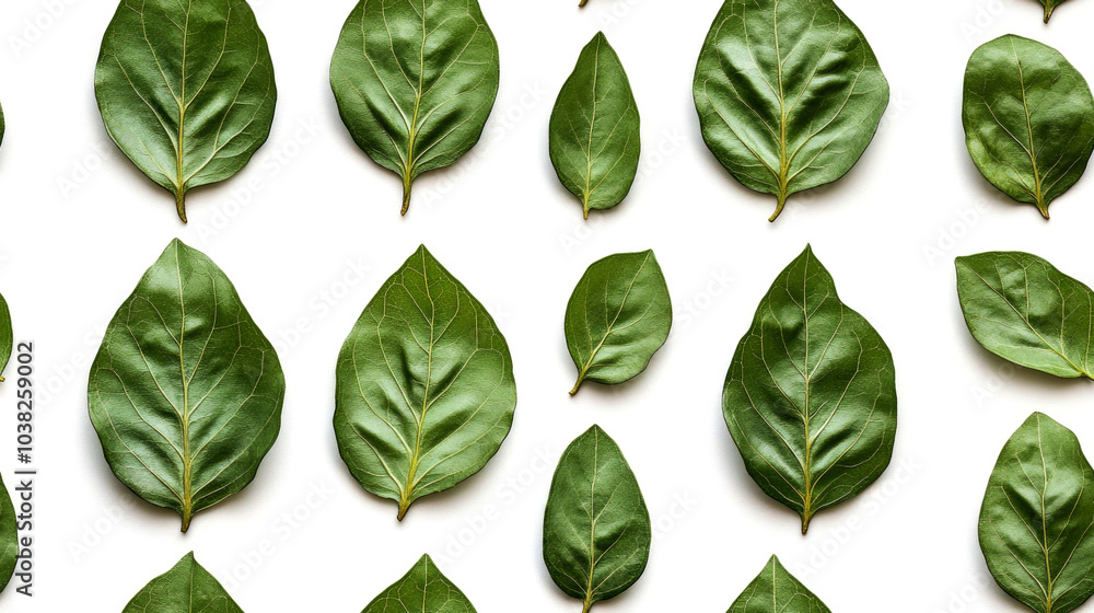 A pattern of green leaves arranged in a grid on a white background. A pattern of green leaves arranged in a grid on a white background.