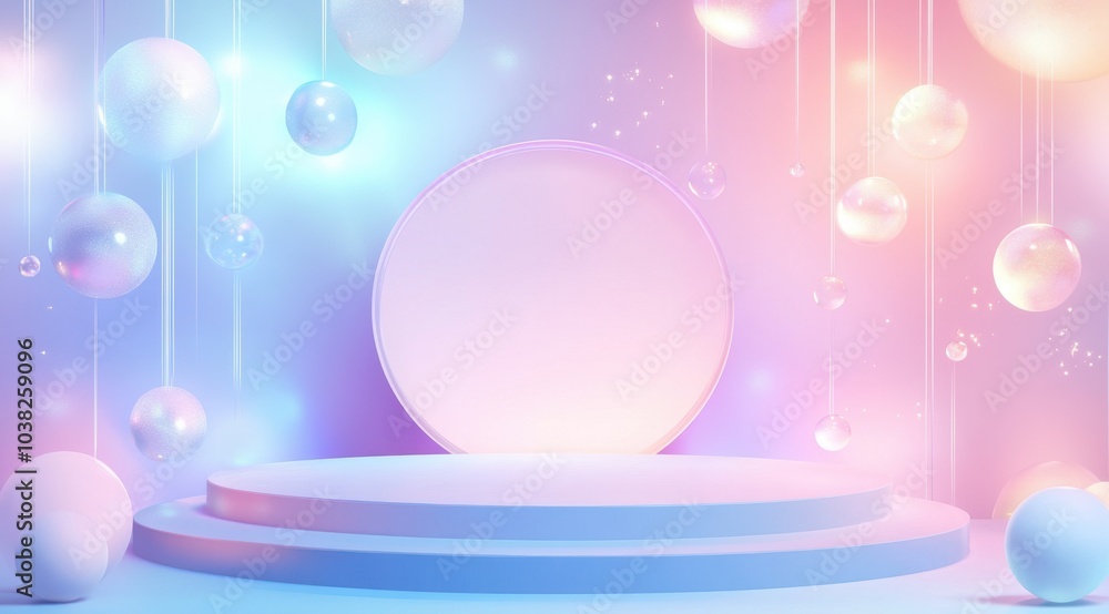Elegant pastel backdrop with hanging bubbles, glowing spheres, and soft lighting. Elegant pastel backdrop with hanging bubbles, glowing spheres, and soft lighting.